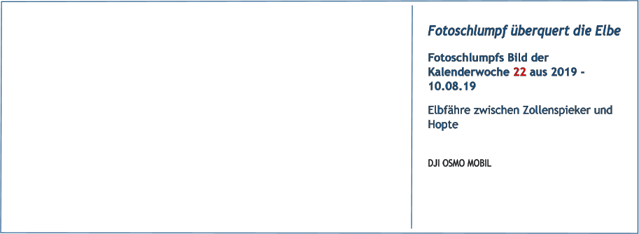 Fotoschlumpf berquert die Elbe Fotoschlumpfs Bild der Kalenderwoche 22 aus 2019 - 10.08.19 Elbfhre zwischen Zollenspieker und Hopte  DJI OSMO MOBIL