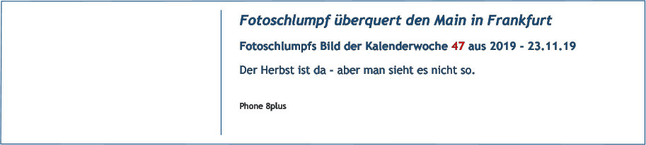 Fotoschlumpf überquert den Main in Frankfurt Fotoschlumpfs Bild der Kalenderwoche 47 aus 2019 - 23.11.19 Der Herbst ist da - aber man sieht es nicht so.  Phone 8plus