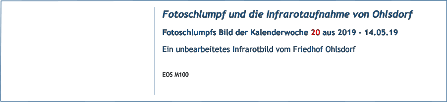 Fotoschlumpf und die Infrarotaufnahme von Ohlsdorf Fotoschlumpfs Bild der Kalenderwoche 20 aus 2019 - 14.05.19 Ein unbearbeitetes Infrarotbild vom Friedhof Ohlsdorf  EOS M100