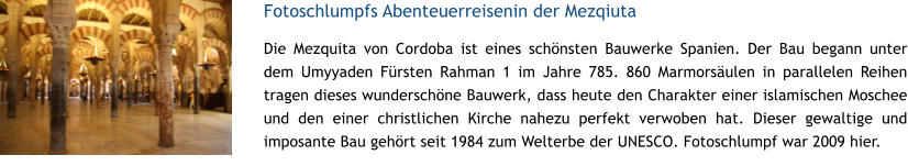 Fotoschlumpfs Abenteuerreisenin der Mezqiuta  Die Mezquita von Cordoba ist eines schnsten Bauwerke Spanien. Der Bau begann unter dem Umyyaden Frsten Rahman 1 im Jahre 785. 860 Marmorsulen in parallelen Reihen tragen dieses wunderschne Bauwerk, dass heute den Charakter einer islamischen Moschee und den einer christlichen Kirche nahezu perfekt verwoben hat. Dieser gewaltige und imposante Bau gehrt seit 1984 zum Welterbe der UNESCO. Fotoschlumpf war 2009 hier.